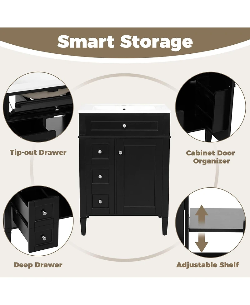 Sillysis 24" French Bathroom Vanity with Ceramic Sink, Modern Freestanding Cabinet, Soft Close Storage Drawers, Adjustable Shelf