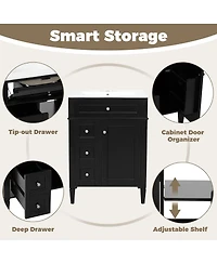 Sillysis 24" French Bathroom Vanity with Ceramic Sink, Modern Freestanding Cabinet, Soft Close Storage Drawers, Adjustable Shelf