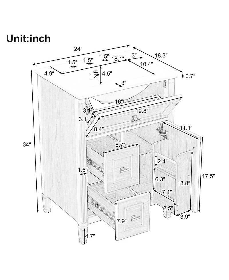 Sillysis 24 Inch Modern Bathroom Vanity with Ceramic Sink, Solid Wood Frame, Flip Drawer and Ample Storage Cabinet