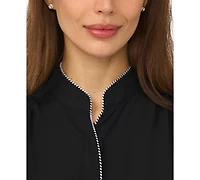 CeCe Women's Pearce Puff-Sleeve Open Collar Top