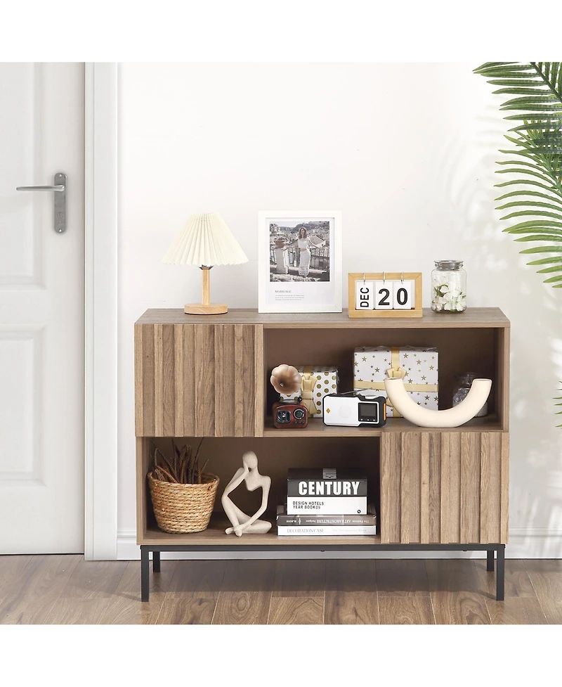 homfan Modern Farmhouse Entryway Console with Wavy Pattern, Storage Buffet with Display Shelves, Metal Legs and Soft-Close Doors for Multi-Space Use