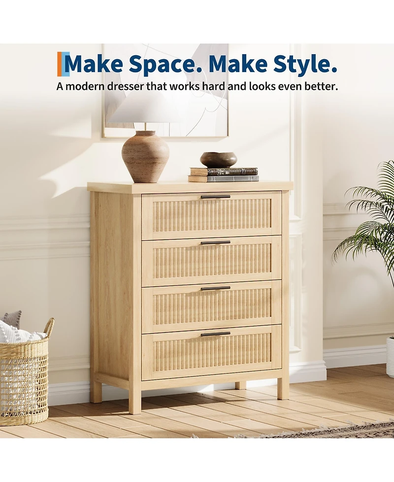 homfan Fluted Dresser for Bedroom, 35.4 in Tall Closet Chest with 4 Drawers, Storage Cabinet for Bedroom, Living Room, Closet