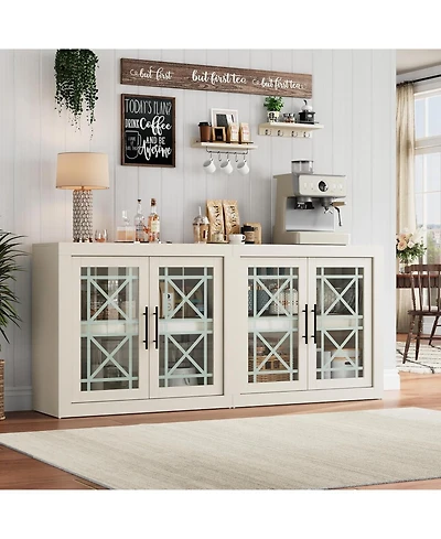 homfan Modern Sideboard Buffet Cabinet, 71 Inch Large Credenza with 4 Glass Doors, Multi-Purpose Storage