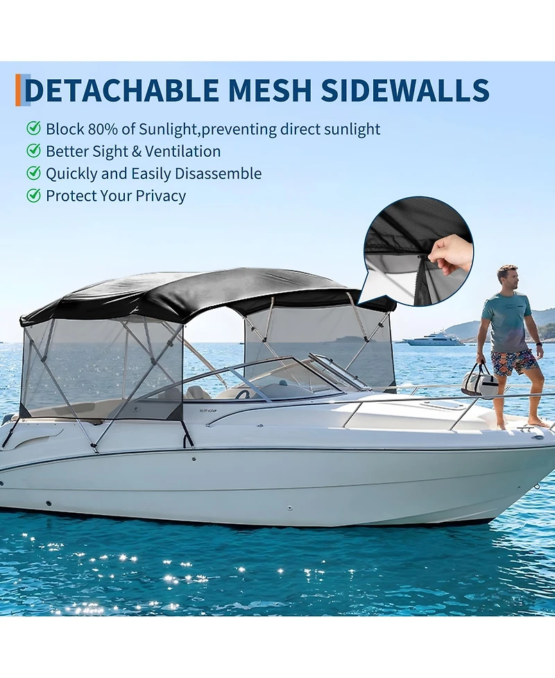 homfan 4 Bow Boat Bimini Top Replacement Cover, Heavy Duty Marine Polyester with Mesh Side Curtains and Storage Bag, for Pontoon Fishing