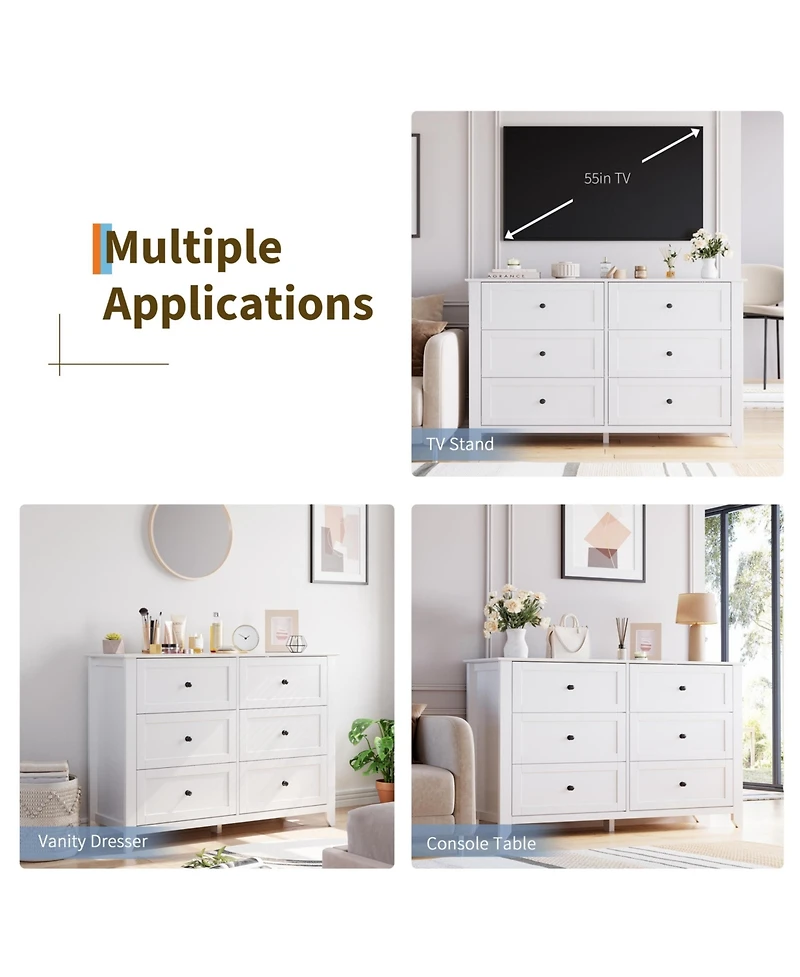 homfan 2 Set of 6 Drawers Dresser for Bedroom, 54" Modern Storage Chest with Painted Finish, Tall Organizer with Deep Drawers for Living Room, Closet