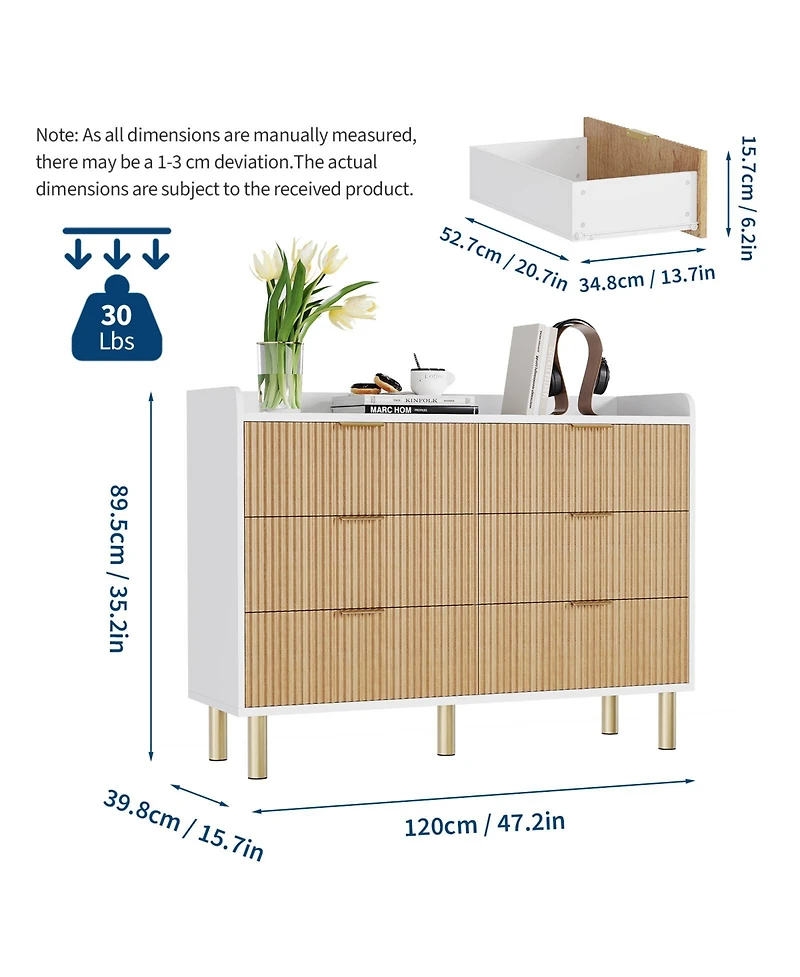 homfan Dresser for Bedroom, Fluted Wood Double Dresser with Metal Handles Curved Design Storage Organizer Cabinet, Wood Storage Double for Bedroom