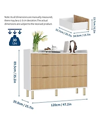 homfan Dresser for Bedroom, Fluted Wood Double Dresser with Metal Handles Curved Design Storage Organizer Cabinet, Wood Storage Double for Bedroom