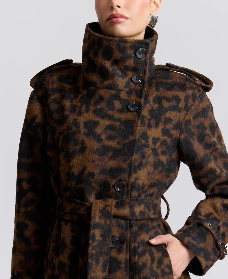 Avec Les Filles Womens Leopard Wool Trench Coat