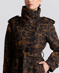 Avec Les Filles Womens Leopard Wool Trench Coat