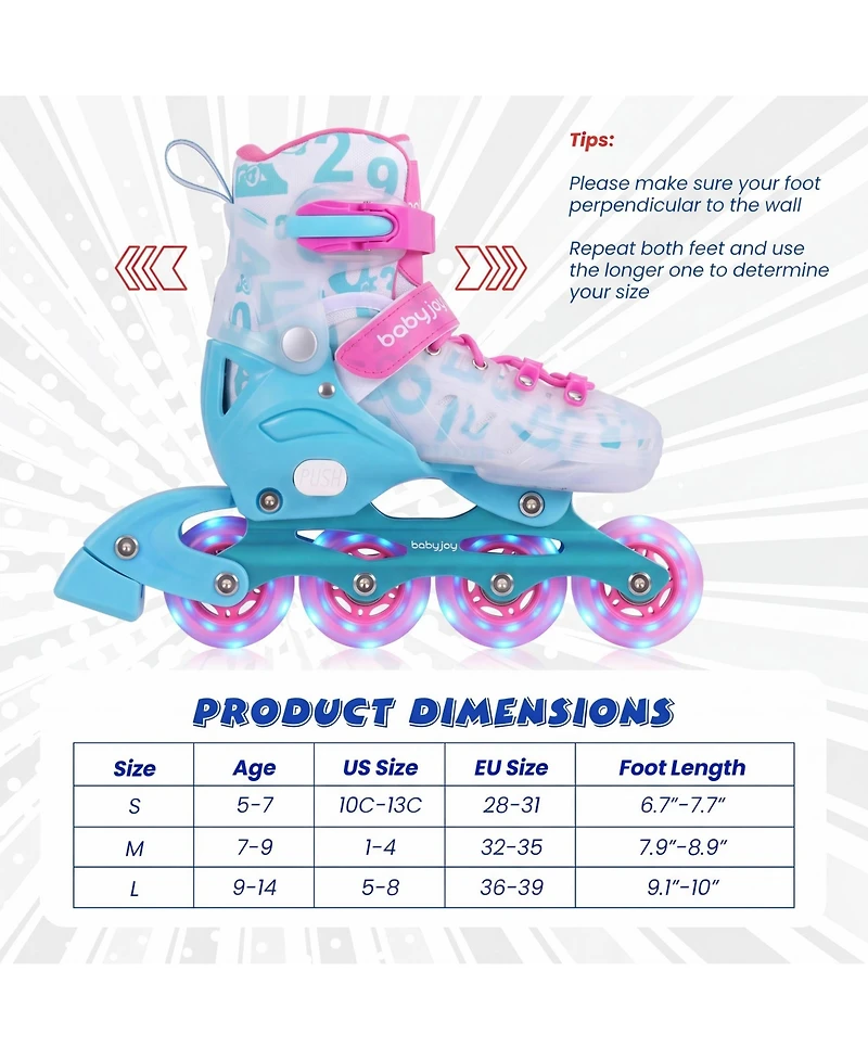 Costway Kids Inline Skates for Boys Girls, Adjustable Illuminating Roller Skates