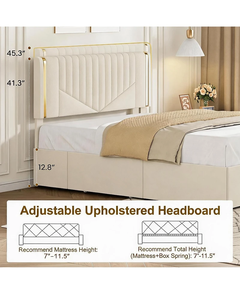homfan Bed Frame with Adjustable Upholstered Headboard, Vertical Channel Tufted Platform with 4 Storage Drawers, Wooden Slats Support