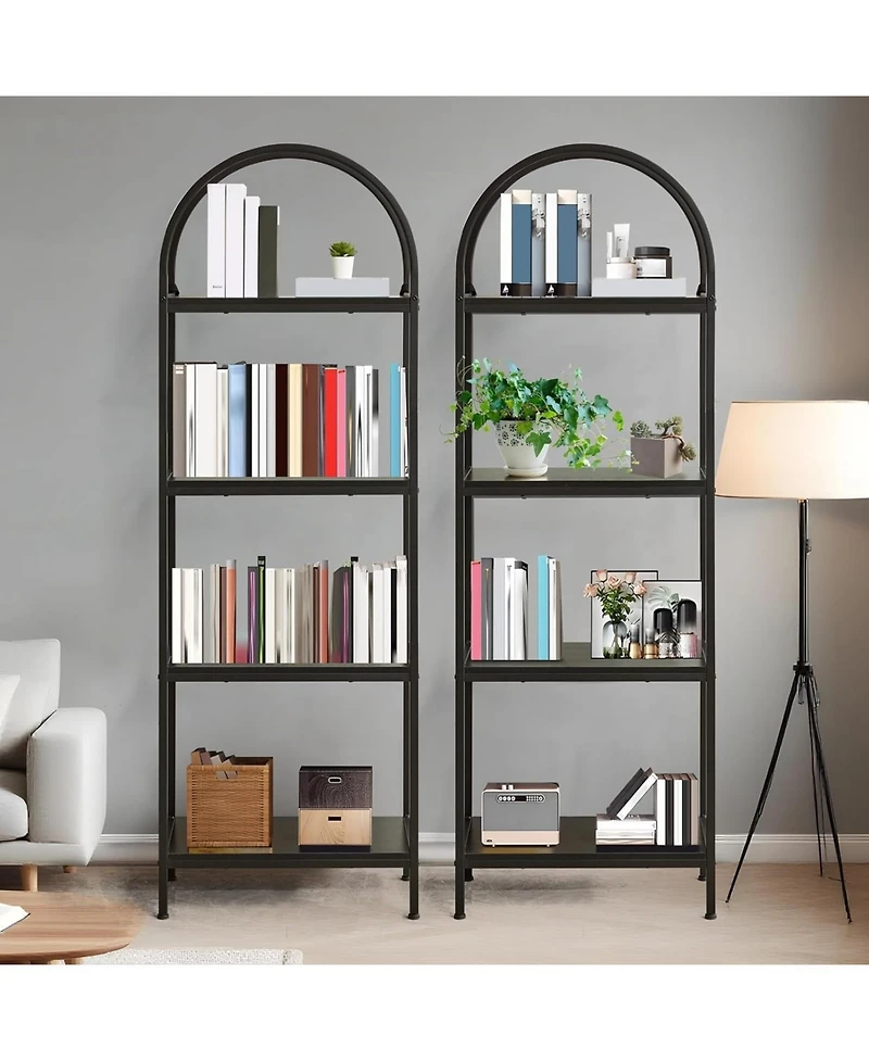 homfan Modern Arched Metal Frame Bookshelf, 4/5-Tier Vertical Storage Shelf with Anti-Tip Straps, Space-Saving Easy-Assembly Home Office Display Rack