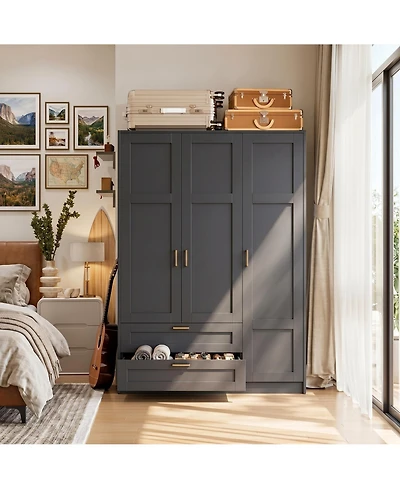 homfan Modern Wooden Wardrobe Closet with 3 Doors, 2 Drawers and Multiple Shelves, Spacious Bedroom Armoire for Clothing Storage, Freestanding Design