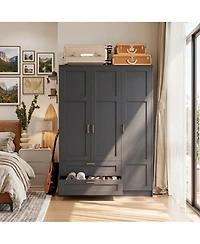 homfan Modern Wooden Wardrobe Closet with 3 Doors, 2 Drawers and Multiple Shelves, Spacious Bedroom Armoire for Clothing Storage, Freestanding Design