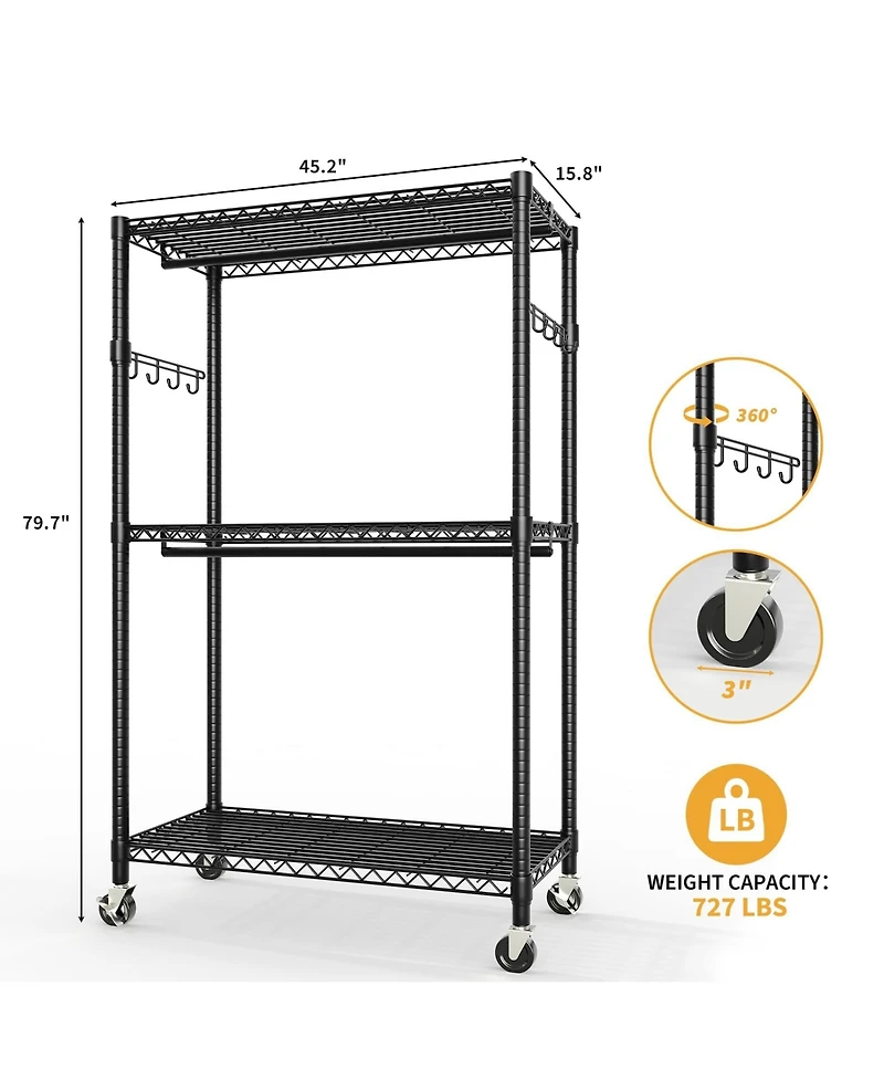 homfan Heavy Duty Armorie, 75 Inch Metal Storage Wardrobe with Double Hanging Rods, Adjustable Shelves and Wheels for Bedroom or Closet