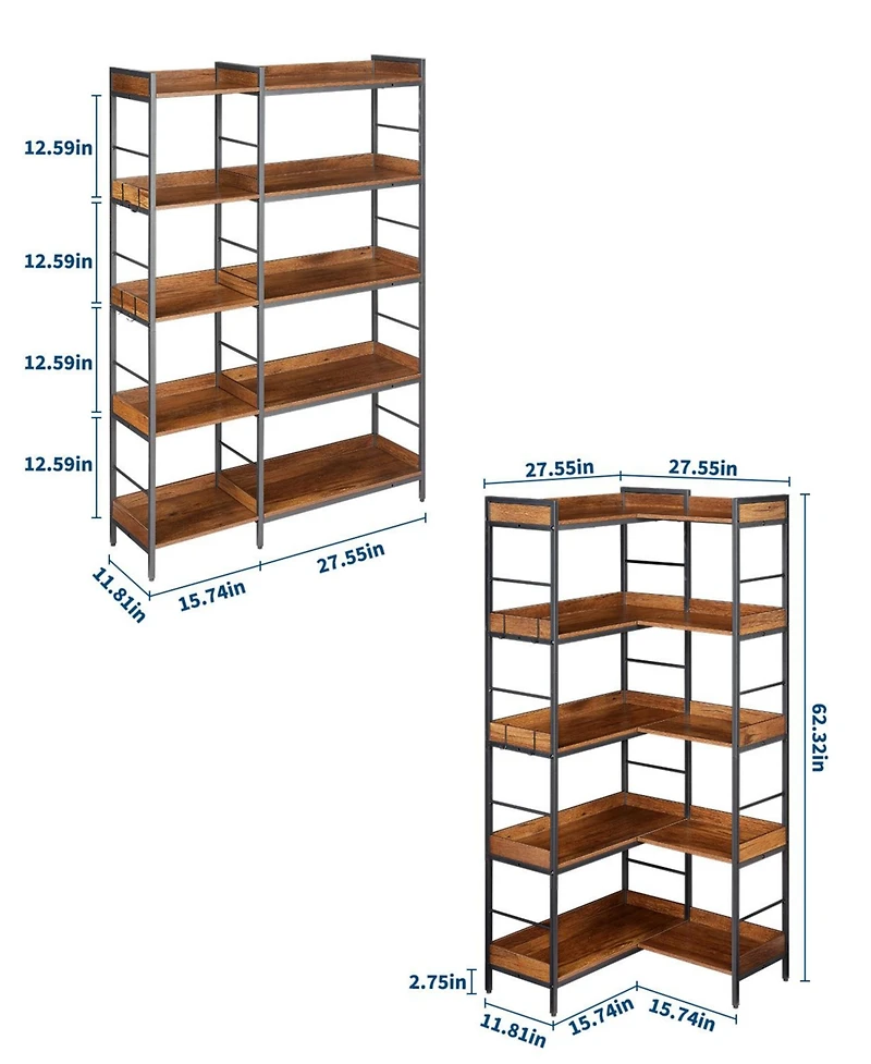 homfan 5-Tier 2-in-1 L-Shaped Bookshelf, Heavy-Duty Storage Rack with Guard Rails and Hooks, Anti-Tip Adjustable Feet Home Organizer