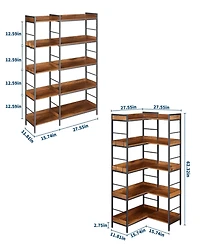 homfan 5-Tier 2-in-1 L-Shaped Bookshelf, Heavy-Duty Storage Rack with Guard Rails and Hooks, Anti-Tip Adjustable Feet Home Organizer