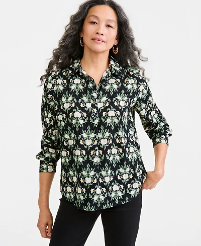 Style & Co Petite Printed Collared Neck Cotton Top, Macy's Exclusive
