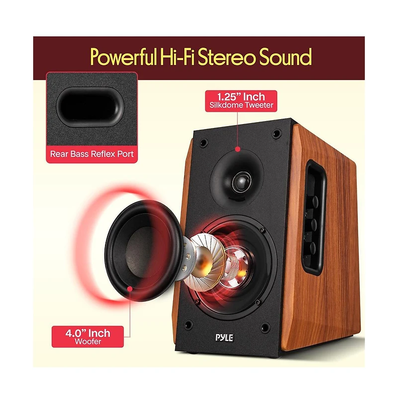 Pyle Powered Bookshelf Speakers with Bluetooth, 80W Stereo Audio System, Arc, Optical and Subwoofer Output Pair
