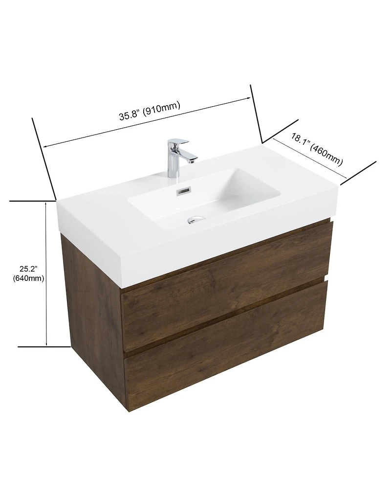 Sillysis Walnut Floating Bathroom Vanity with Double Soft Close Drawers, Handle-Free Design and Large Storage for Modern Bathrooms