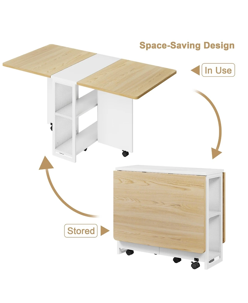 homfan Folding Drop Leaf Table, 2-Tier Storage Shelf with Lockable Casters, Heavy Duty Multi-use Home Dining and Writing Desk