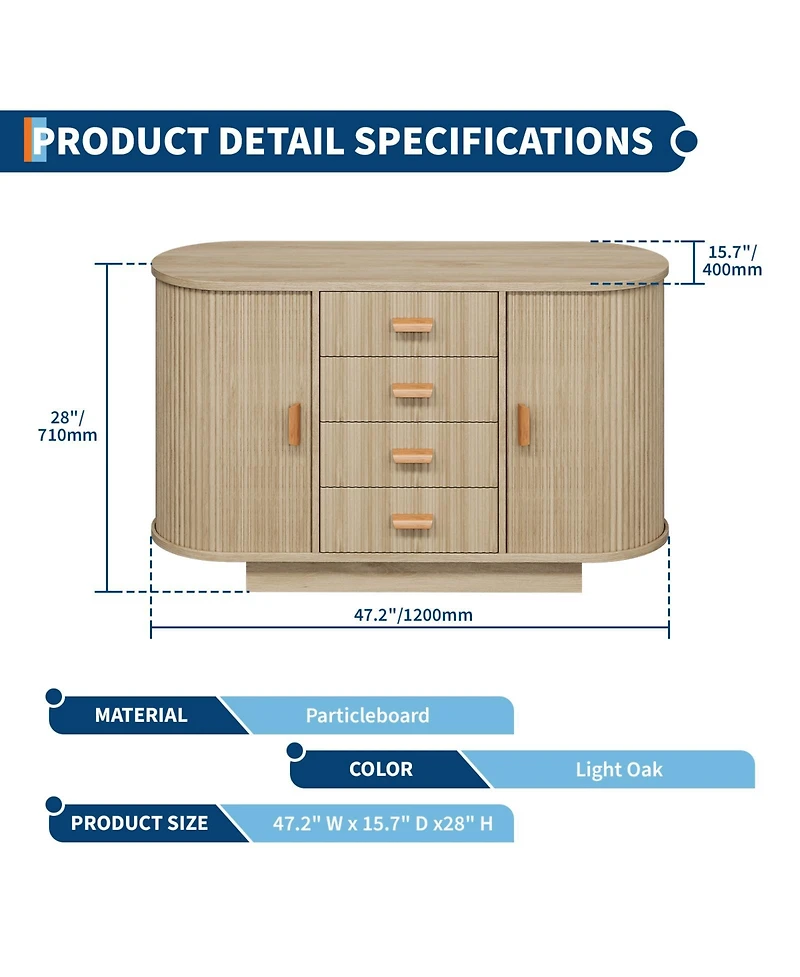 homfan Fluted Sideboard Cabinet with 4 Drawers and 2 Arched Sliding Doors, Multi-Functional Storage Console for Dining and Living Room