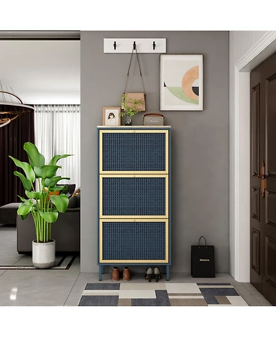 Rainsken Rattan Shoe Cabinet, Freestanding Shoe Rack with 3 Flip Drawers and Metal Legs, Shoe Storage Organizer for Entrance, Entryway and Hallway