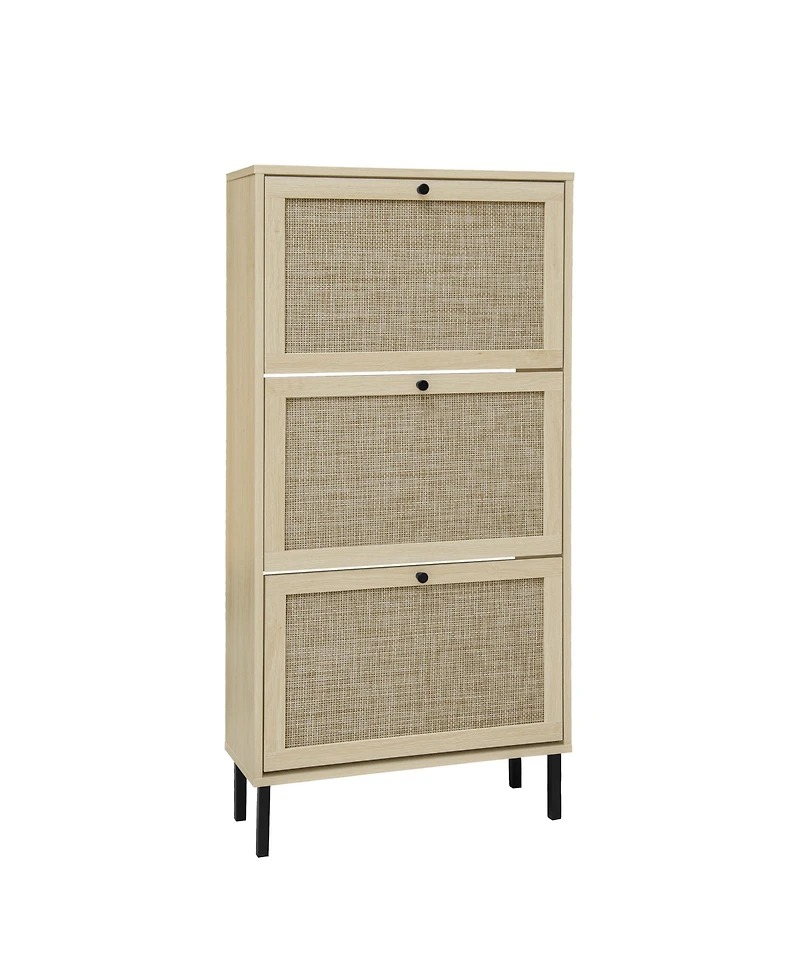 Rainsken Rattan 3 Door Shoe Rack, Freestanding Shoe Storage Cabinet with Metal Base and Anti-Slip Feet, Anti-Tipping Design for Entryway
