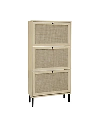 Rainsken Rattan 3 Door Shoe Rack, Freestanding Shoe Storage Cabinet with Metal Base and Anti-Slip Feet, Anti-Tipping Design for Entryway