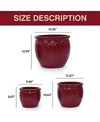 Yobtop Handmade Ceramic Flower Pot Set of 3 - 15/12/10 Inch, Floral Embossed, Indoor/Outdoor, Breathable Clay