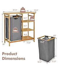 sumyeg Bamboo Laundry Hamper Stand with Sliding Bag and 3-Tier Open Shelves