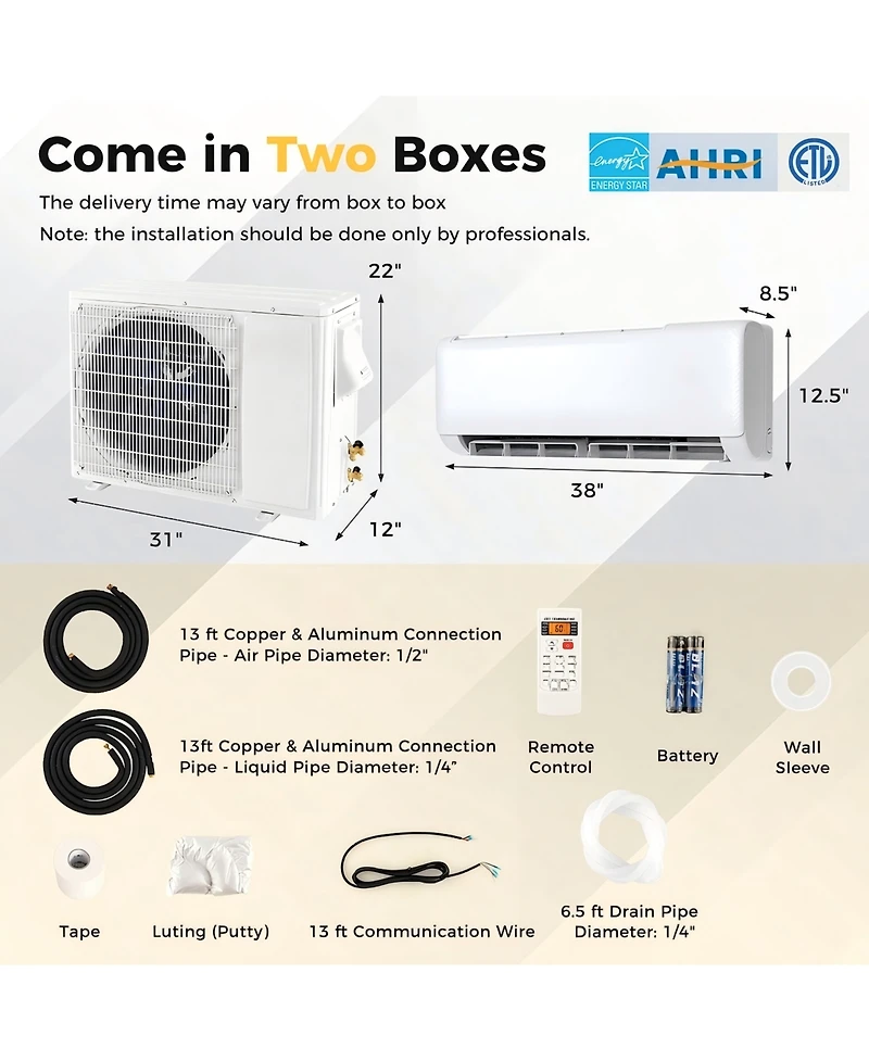 17000 Btu 21 SEER2 208-230V Energy Star Ductless Mini Split Air Conditioner Heat Pump