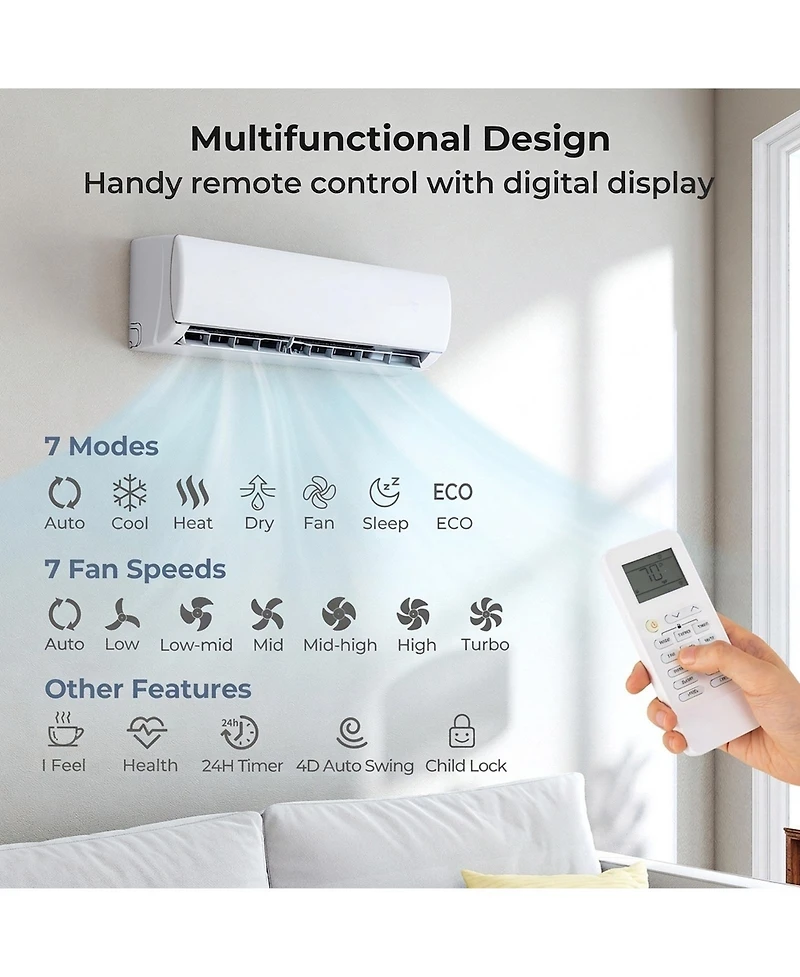 Sugift 11500 Btu 17 SEER2 115V Wifi Mini Split Air Conditioner and Heater Pump System, White