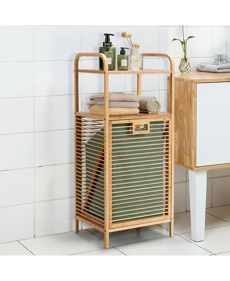 sumyeg Tilt-Out Bamboo Laundry Hamper with 2-Tier Shelf and Removable Liner