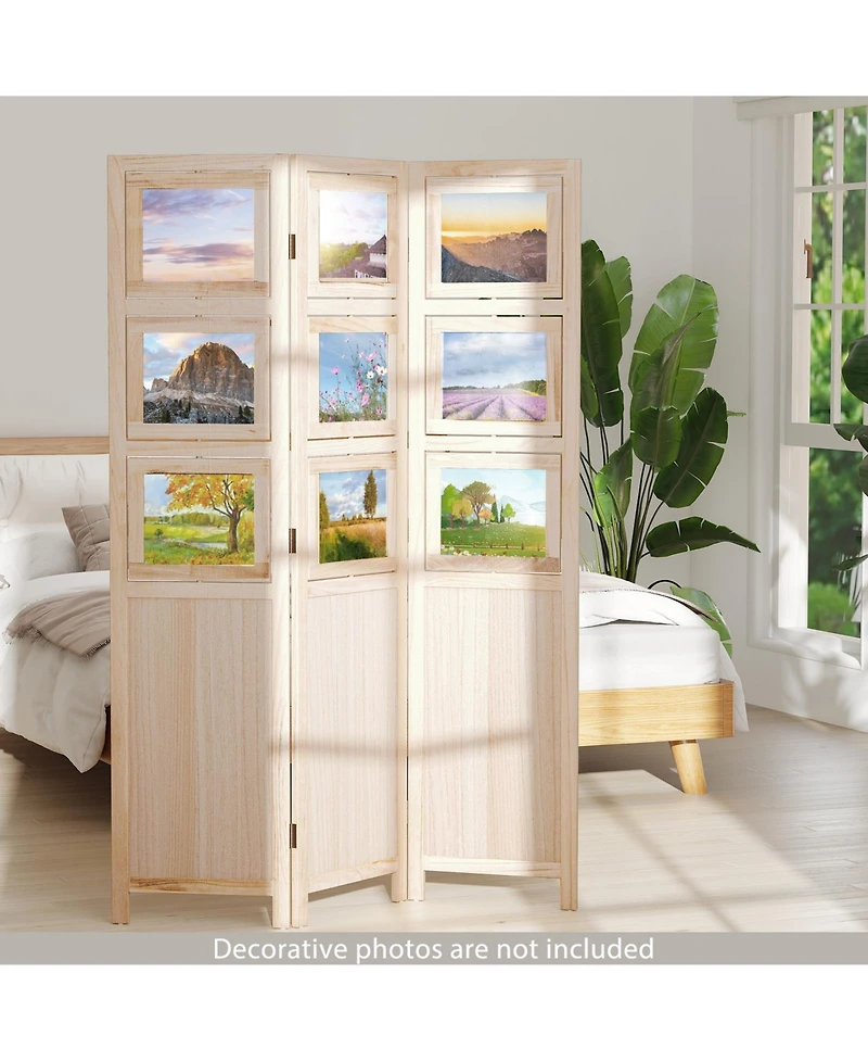 sumyeg 3-Panel Folding Privacy Screen with Swivel Paulownia Wood Photo Frames