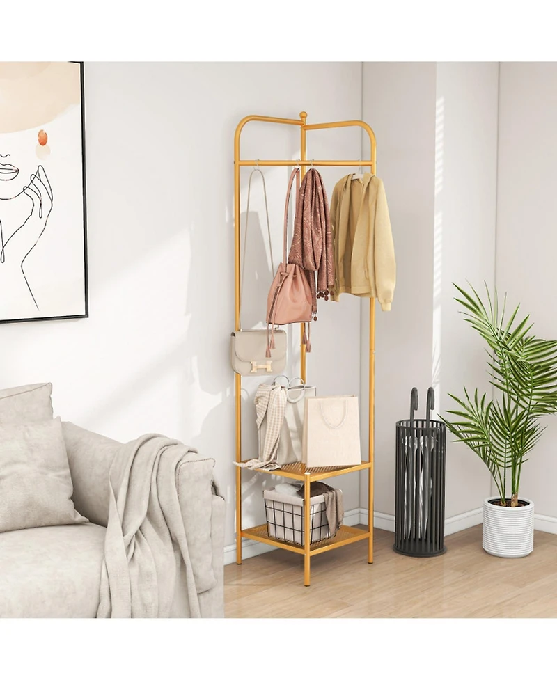 Gouun Corner Coat Rack with Top Hanger and 2 Mesh Shoe Shelves