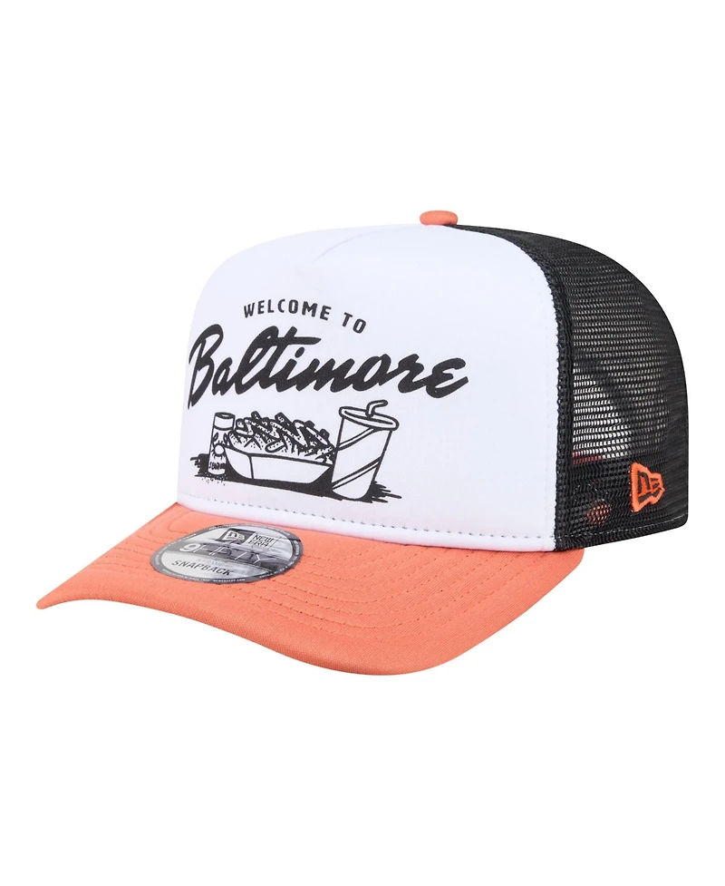 New Era Men's White/Orange Baltimore Orioles Foodie A-Frame 9FIFTY Trucker Snapback Hat