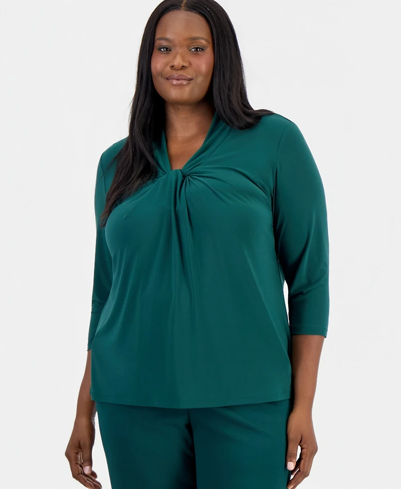 Kasper Plus Knot-Front 3/4-Sleeve Blouse