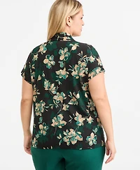 Kasper Plus Floral Funnel-Neck Cap-Sleeve Blouse
