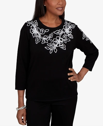 Alfred Dunner Women's Floral Scroll Soutache Sweater