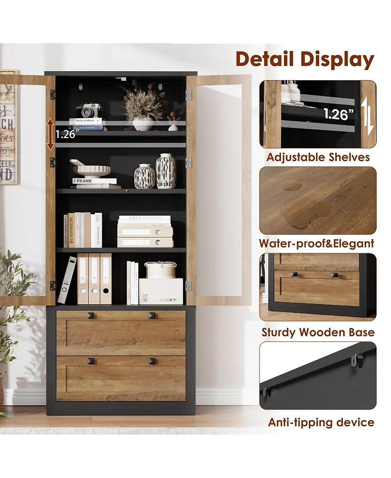homfan 71 Inch Tall Kitchen Pantry Cabinet with Glass Doors, 2 Drawers and Adjustable Shelves