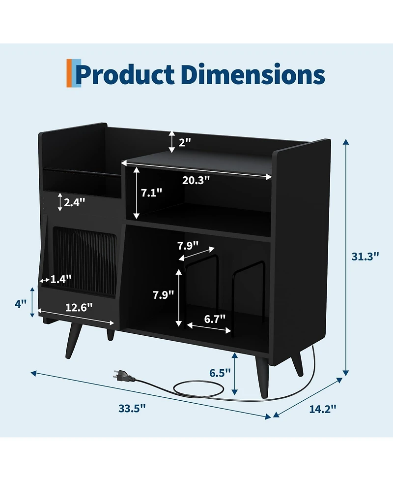 homfan Record Player Stand with Led Lights, Charging Station and Sliding Door, Holds Up to 350 Vinyl Albums