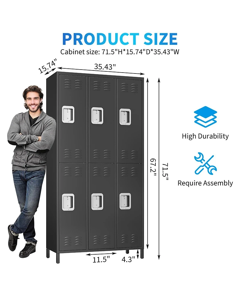 homfan Heavy Duty Steel Storage Locker, 6 Doors, 12 Hooks, Ventilated and Rust-Resistant, Locking Organizer for Office, School, Gym