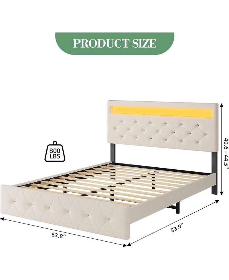 homfan Modern Upholstered Queen Bed Frame with Led Light, Low Profile Platform Bed, Adjustable Button Tufted Headboard and Wood Slat Support