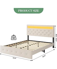 homfan Modern Upholstered Queen Bed Frame with Led Light, Low Profile Platform Bed, Adjustable Button Tufted Headboard and Wood Slat Support