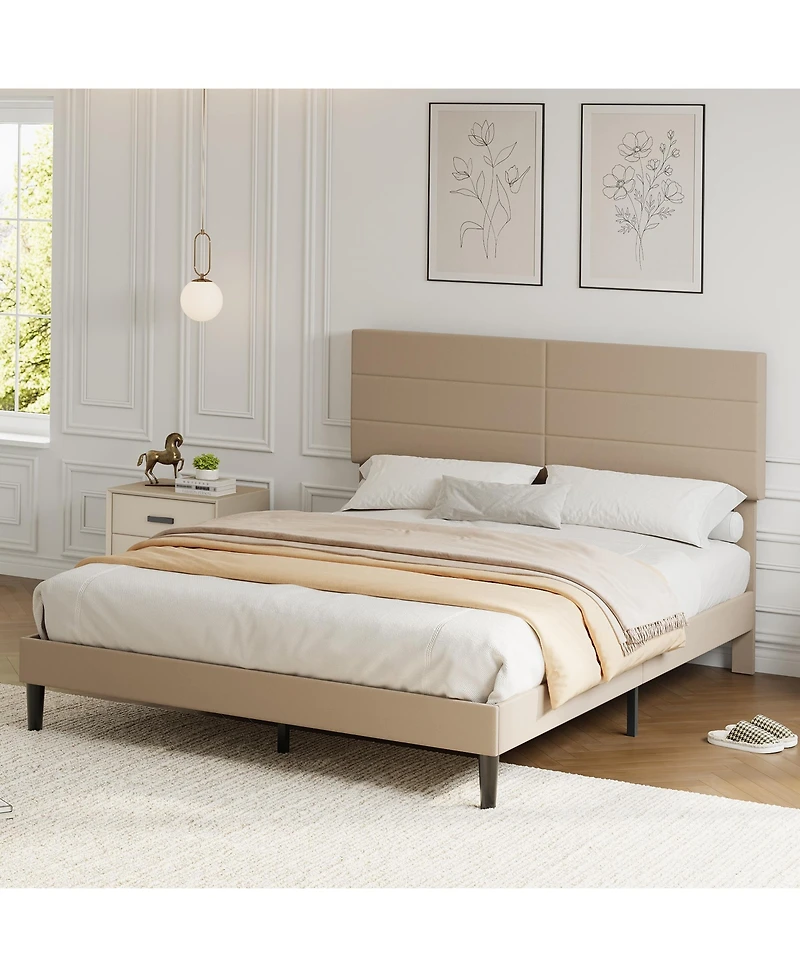 homfan Queen Size Bed Frame with Adjustable Headboard, Upholstered Platform Bed with Wood Slat Support, No Box Spring Needed