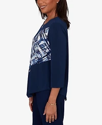 Alfred Dunner Petite Etched Plaid Diagonal Puff Printed Top
