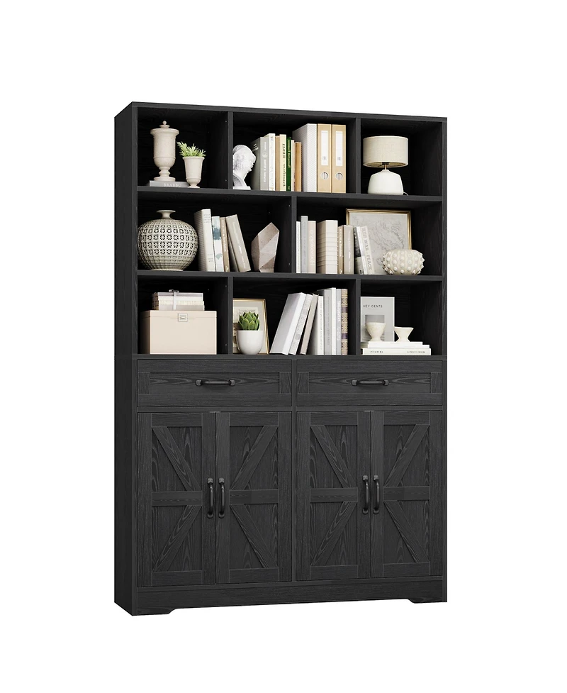 homfan 71 Inch Tall Bookcase with 8 Open Cubbies, 2 Drawers and 4 Doors, 6-Tier Wood Display Cabinet for Living Room Office