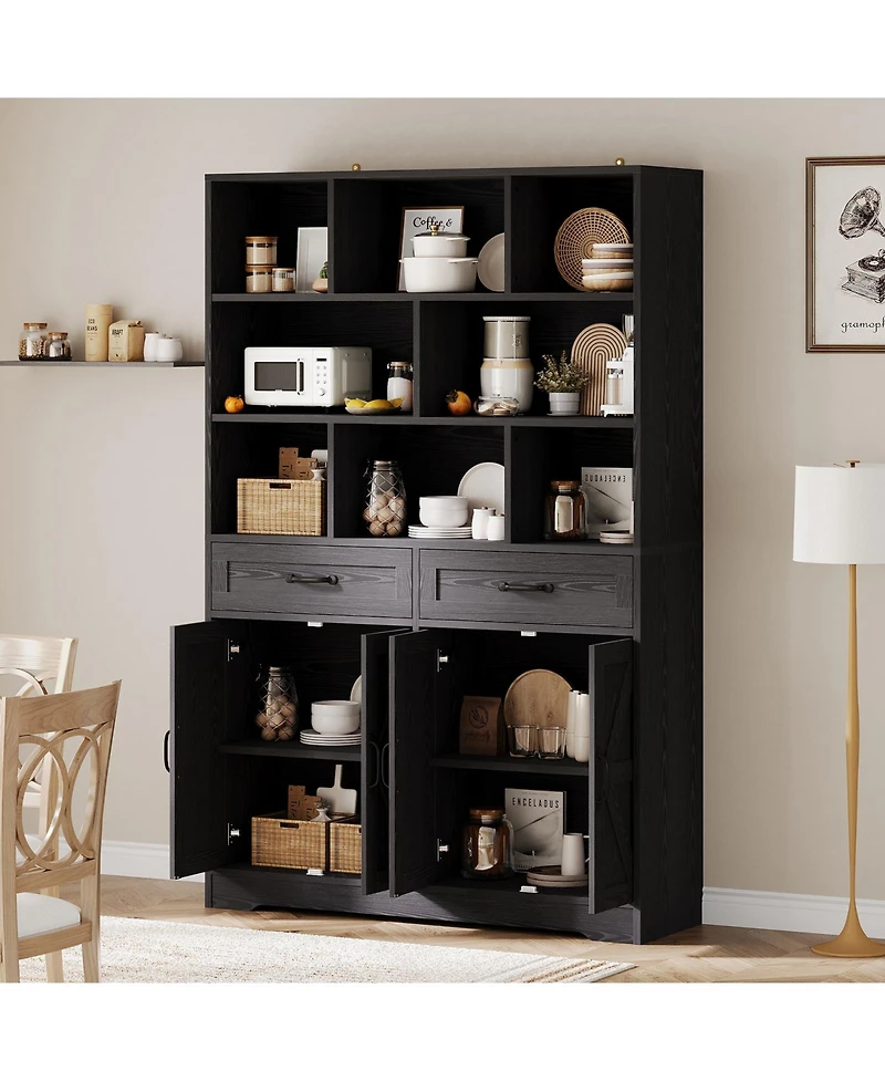 homfan 71 Inch Tall Bookcase with 8 Open Cubbies, 2 Drawers and 4 Doors, 6-Tier Wood Display Cabinet for Living Room Office