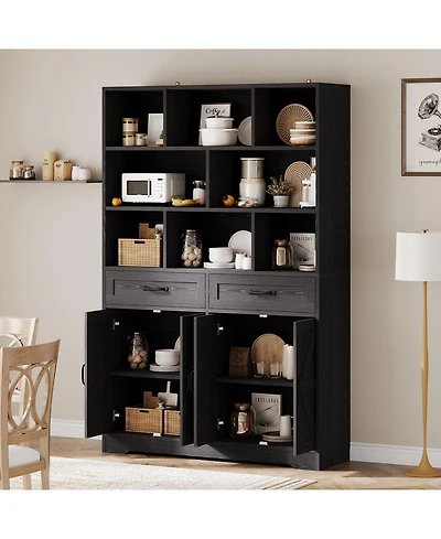homfan 71 Inch Tall Bookcase with 8 Open Cubbies, 2 Drawers and 4 Doors, 6-Tier Wood Display Cabinet for Living Room Office